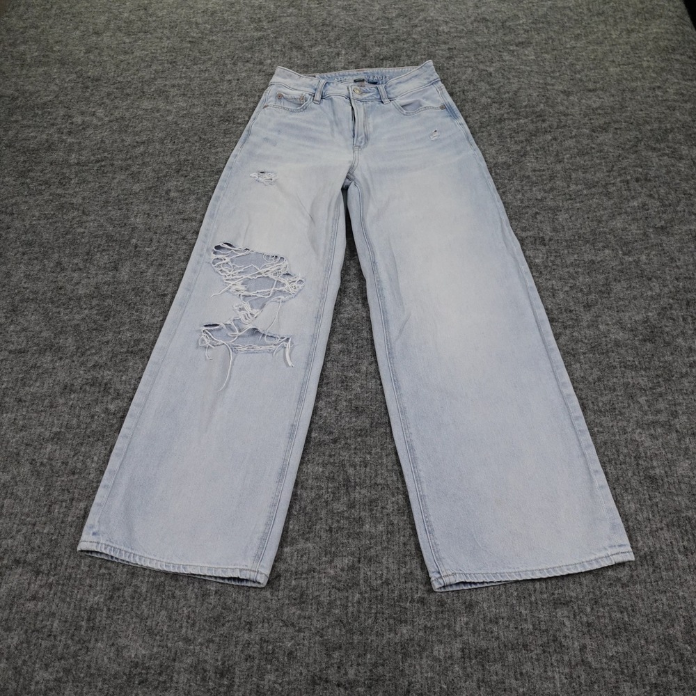American Eagle Jeans Womens 000 Super High Rise‎ Baggy Wide Leg Ankle Distressed